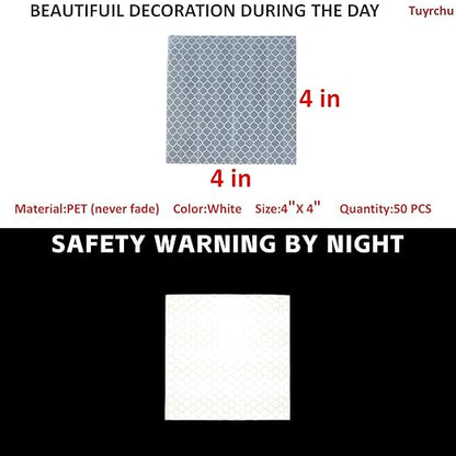 Non Fading White Reflective Stickers 4 inch X 4 inch, Outdoor Waterproof High Visibility Warning Safety Adhesive Reflector Tape (50 Pcs)