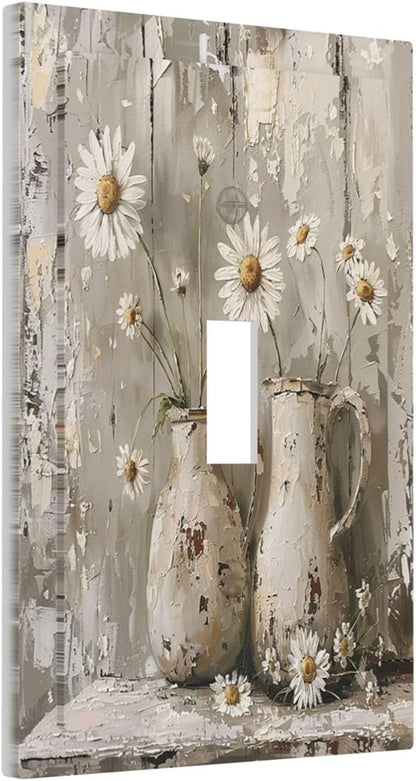 Decorative Light Switch Cover Vintage Rustic Floral White Daisy Flower Oil Painting Style 1 Gang Single Toggle Device Electrical Faceplate Switchplates Decorator Outlet Wall Plate for Home