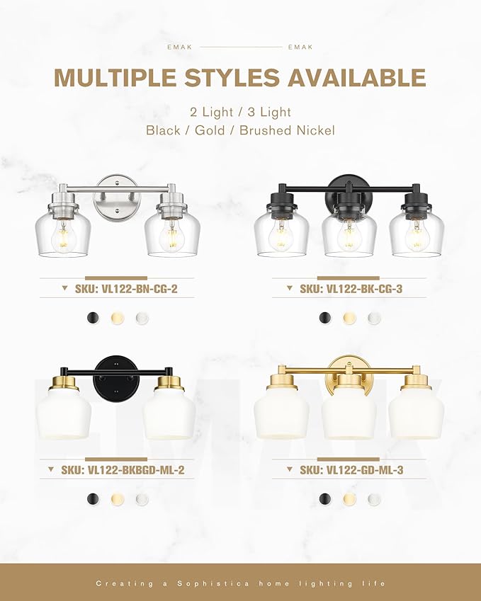 Emak Black and Gold Bathroom Light Fixtures Over Mirror, 2-Light Bathroom Vanity Light with Milk Glass Shade, Modern Farmhouse Vanity Lights for Bath,Mirror, VL122-BKBGD-ML-2