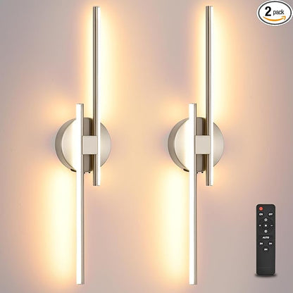 Battery Operated Wall Sconce Set of 2, Brushed Nickel 23.6" 3000K-6500K Dimmable Wall Sconces with Remote Control, Wireless Wall Light Rechargeable for Bedroom Hallway Living Room Background