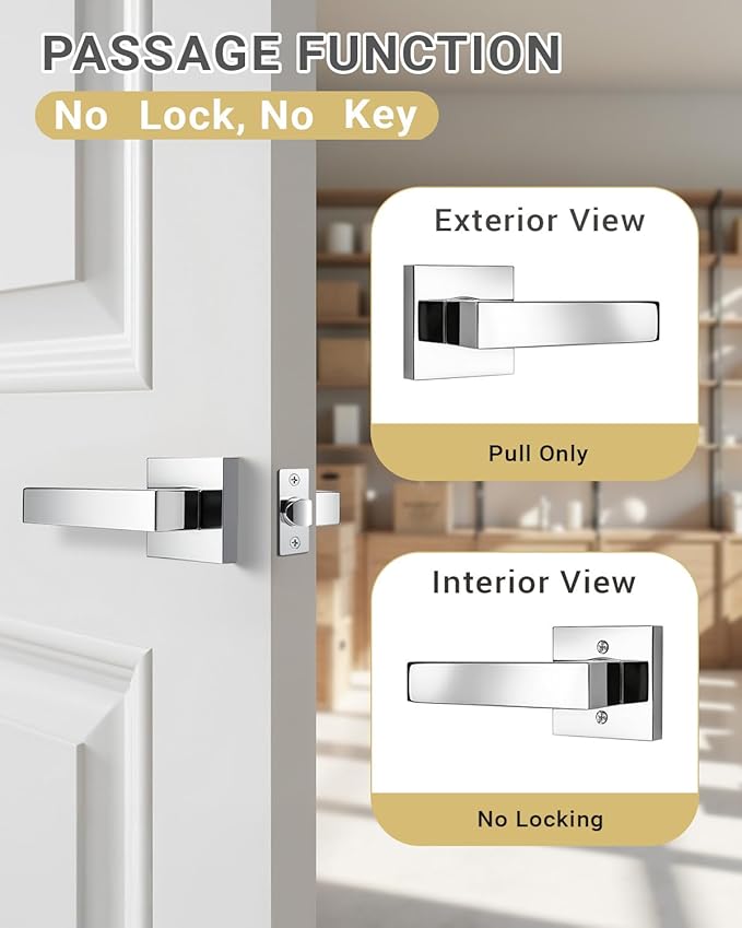 KNOBWELL 2 Pack Door Handles Interior Passage Doorknob with Straight Lever Polished Chrome Hallway Closet Door Handles