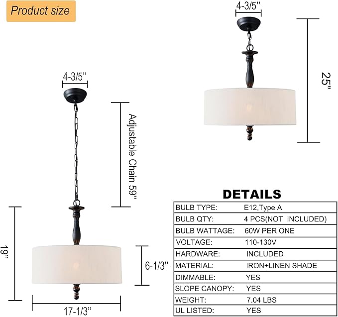 4 Light Drum Chandeliers, Beige Linen Drum Pendant Lighting Fixture with Black Metal Rod Adjustable Hanging Chain Ceiling Lights for Kitchen Island Dining Table Entryway Dia 17.3inch