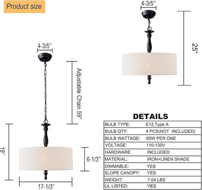 4 Light Drum Chandeliers, Beige Linen Drum Pendant Lighting Fixture with Black Metal Rod Adjustable Hanging Chain Ceiling Lights for Kitchen Island Dining Table Entryway Dia 17.3inch
