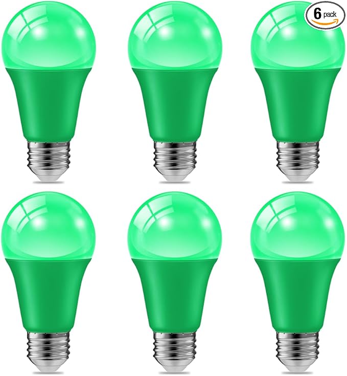 haraqi 6 Pack 9W (60W Equivalent) 120V E26 Base A19 LED Colored Light Bulb, Green LED Lights for Party Christmas Decor and Halloween Lighting