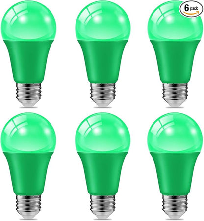 haraqi 6 Pack 9W (60W Equivalent) 120V E26 Base A19 LED Colored Light Bulb, Green LED Lights for Party Christmas Decor and Halloween Lighting
