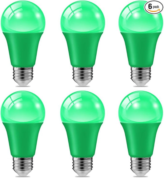 haraqi 6 Pack 9W (60W Equivalent) 120V E26 Base A19 LED Colored Light Bulb, Green LED Lights for Party Christmas Decor and Halloween Lighting