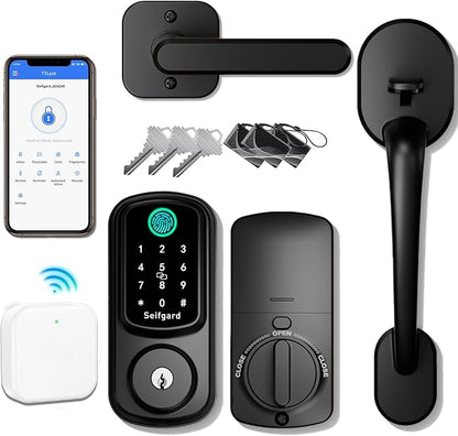 Keyless Entry Door Lock Deadbolt with Handle Set, Smart Door Lock with WiFi Gateway, Auto Lock Compatible with Alexa, Black