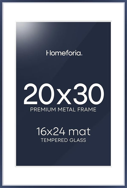 Homeforia 20x30 Frame Navy Blue, High End Metal 20x30 Picture Frames with Mat 16x24 inch Photo, 20 x 30 Navy Blue Poster Frame Matted to 16 by 24, 30x20 Large Frame, Tempered Glass, Wall Kit, Set of 1