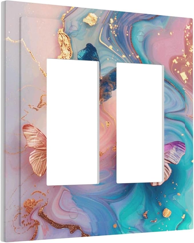 Colorful Marble Butterfly Gold Glitter Abstract Print Decorative Outlet Covers 2 Gang Double GFCI Rocker Electrical Wall Panels Light Switch Cover Plate for Bed Room Living Room Decor