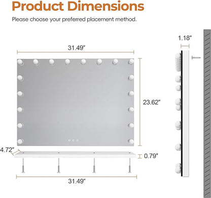 ZL ZELing Vanity Mirror Makeup Mirror with Lights,31.49" x 23.62"Large Tabletop Light up Mirror with 18Bulbs,10X Magnification,USB Charging Port,3 Color Touch Control Dimmable Lights.