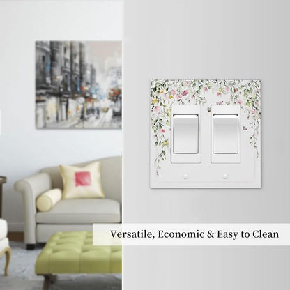 Watercolor Flowers Vine Colorful Butterfly Floral Decorative Outlet Covers 2 Gang Double Gfci Rocker Electrical Wall Panels Light Switch Cover Plate For Bed Room Living Room Decor