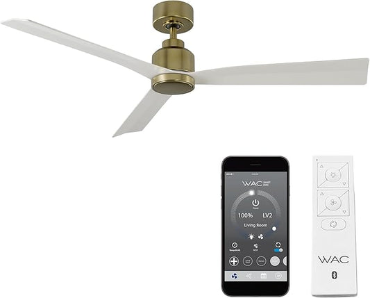 Clean Indoor and Outdoor 3-Blade Smart Ceiling Fan 54in Satin Brass Matte White with Remote Control