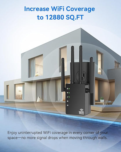 WiFi Extender with 4 Antennas 1200Mbps - Dual Band 5GHz/2.4GHz, WiFi Extender Signal Booster with 3 Modes Support, WiFi Repeater with 12880 Sq.ft 105 Devices, Easy Set Up for Home