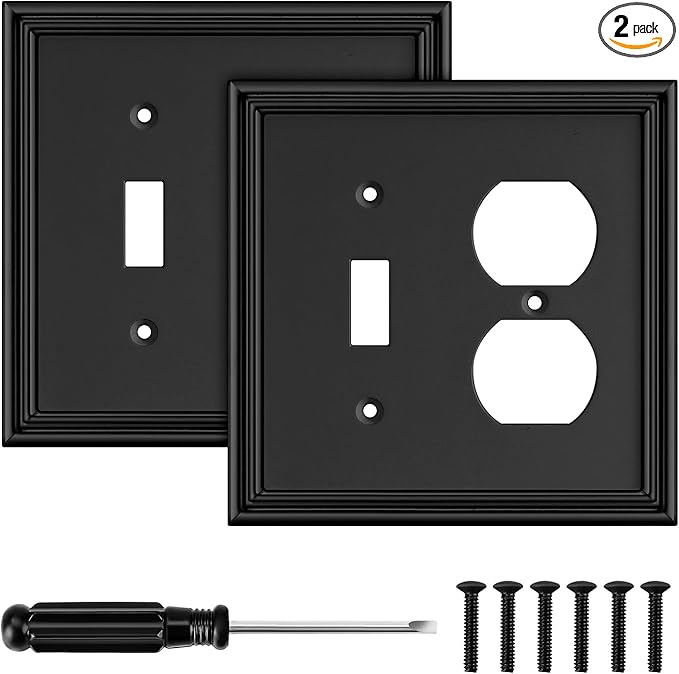 Black Modern Decorative Wall Plate Light Switch Cover Decorator Outlet Covers Rocker Switch Plates Bamboo Fiber Material Wall Plates for Kitchen Bathroom (2 Gang Toggle/Duplex-2 Pack)