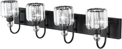 Ralbay Modern Black Vanity Light - 4-Light Crystal Bathroom Wall Light Fixtures in Matte Black