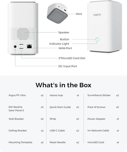 REOLINK 4K Solar Security Cameras Wireless Outdoor System, Color Night Vision, 360° Pan Tilt Auto-Tracking, 2.4/5 GHz Wi-Fi 6, Encrypted Local Storage, No Subscription, Home Hub with 2X Argus PT Ultra