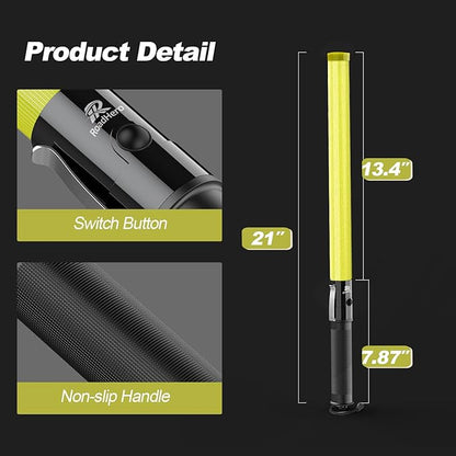 RoadHero 21 Inch Traffic Wand, Yellow LED Traffic Control Baton with 2 Flashing Modes, Night Safety Light Wand with Side Clip for Airport, Parking, Car Directing