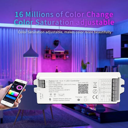 5in1 LM052 Tuya Zigbee3.0 LED Controller Support Monochrome CCT RGB RGBW RGBCCT PWM LED Strip Compatible with Echo Plus Echo(4th Gen) Philip H-UE Home-kit Gateway Work with WR01RF WR02RF etc