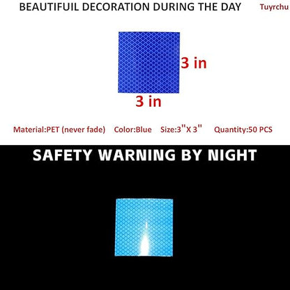 Non Fading Blue Reflective Stickers 3 inch X 3 inch, Outdoor Waterproof High Visibility Warning Safety Adhesive Reflector Tape (50 Pcs)