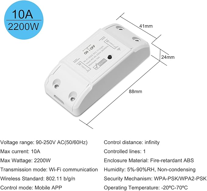 Docooler WiFi Wireless Remote Light Switch AC90-250V 10A, 1CH Switch Realy, Support Mobile APP Control ＆ Voice Control, Compatible with Alexa & Google Home for Universal Smart Home - 1 Pack