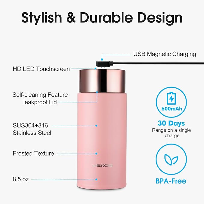 Vsitoo Smart self cleaning Insulated Water Bottle, 8.5oz Stainless Steel Vacuum Flask, AI Self-Clean, 30-Day Battery Life, BPA-Free, Magnetic Charging, Portable Travel Mug Gifts for Men Women, Pink