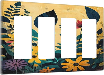 Abstract Minimalist Floral Botanical Boho Flower 4 Gang Wall Plates Outlet Covers Quad Rocker Light Switch Cover Plate Decorative Switch Plates GFCI Electrical Faceplate 4.5 X 8 IN