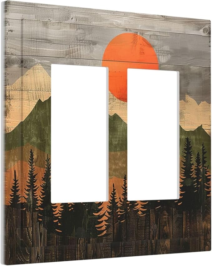 Decorative Outlet Covers Vintage Wood Grain Sun Forest Mountains 2 Gang Double GFCI Rocker Electrical Wall Panels Light Switch Cover Plate for Farmhouse Cabin Decor