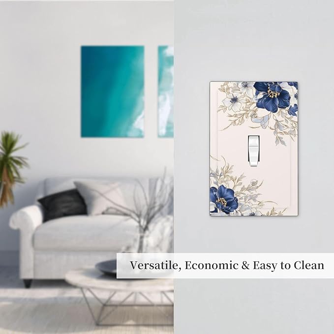 Decorative Light Switch Cover Plate Rustic Blue Beige Flower Peony Floral 1 Gang Single Toggle Wall Plates for Electrical Outlets Outlet Covers Switch Plate Covers Faceplate for Home Decor