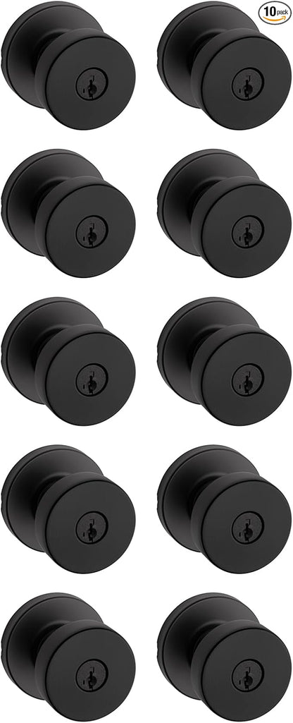 Kwikset Pismo Entry Door Knob with Lock and Key, Secure Keyed Handle Exterior, Front Entrance and Bedroom, Matte Black, 10 Pack, Pick Resistant SmartKey Rekey Security and Microban