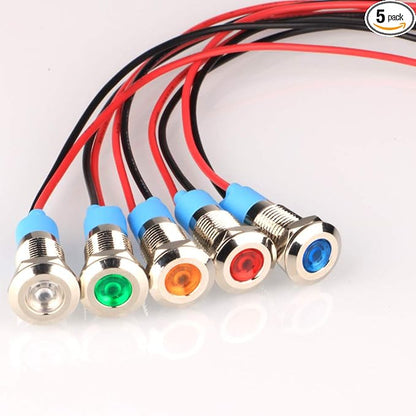 5pcs 8mm LED Metal Indicator Light AC/DC 12-24V Waterproof Signal Lamp Pilot Dash Directional with Wire