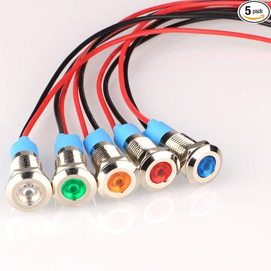 5pcs 8mm LED Metal Indicator Light AC/DC 12-24V Waterproof Signal Lamp Pilot Dash Directional with Wire