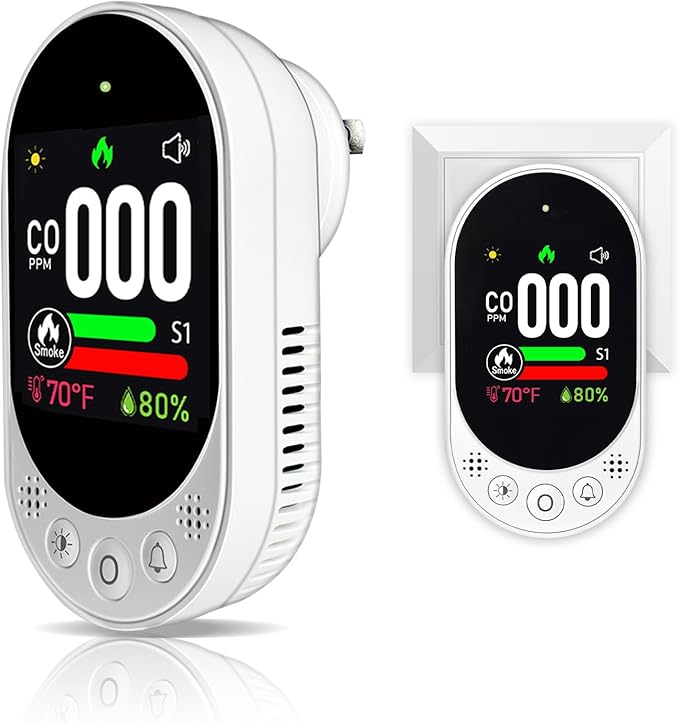4-in-1 Plug-in Carbon Monoxide & Smoke Detector with Color Screen Display, Monitor for CO/Temp/Humidity/Gas, Self-Test, Adjustable Sensitivity, 85dB Audio Alert, for Home Kitchen, Self-Test