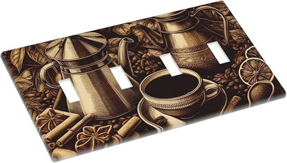 Decorative Light Switch Cover Plate Vintage Coffee Beans Leaf Cup 4 Gang Wall Plate Oversized Quad Toggle Switch Cover Plate Jumbo Faceplate for Kitchen Home Decor
