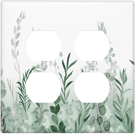 Watercolor Green Leaf Rustic Plant Eucalyptus Flowers Outlet Covers 2 Gang Double Duplex Decorative Light Switch Covers Electrical Wallplates Socket Faceplate for Bed Room Living Room Decor