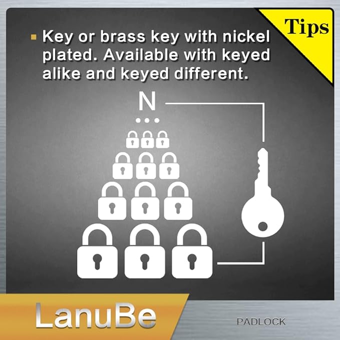 LanuBe Lock Laminated keyed Padlock (1-9/16", 40mm), keyed Alike Locks, Long Shackle,Marked Black Plastic Hoop, Pack of 24