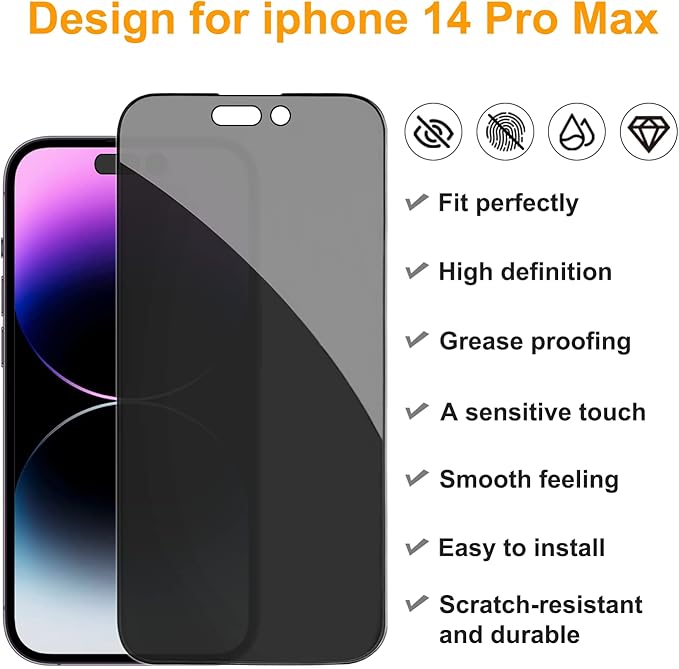 PEHAEL 2+2Pack for iPhone 14 Pro Max Privacy Screen Protector with Camera Lens Protector Full Coverage Anti-Spy Tempered Glass Film 9H Hardness Easy Installation Bubble Free [6.7 inch]