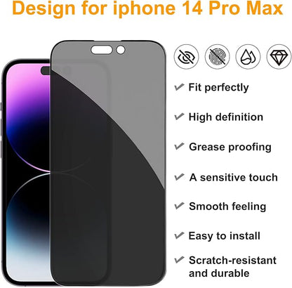 PEHAEL 2+2Pack for iPhone 14 Pro Max Privacy Screen Protector with Camera Lens Protector Full Coverage Anti-Spy Tempered Glass Film 9H Hardness Easy Installation Bubble Free [6.7 inch]