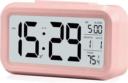 Digital Alarm Clock with LCD Display, Desk Smart Electronic Small Clock with Indoor Temperature, Date, Light Sensor, Backlight, Battery Operated, for Home Bedroom Kids Office (Pink)