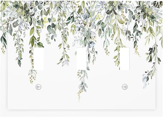 Decorative Switch Plates Boho Farmhouse Flower Leaf Sage Green 3 Gang Wall Plate Triple Toggle Light Switch Cover Faceplate Electrical Wall Panels for Bedroom Cabin Decor