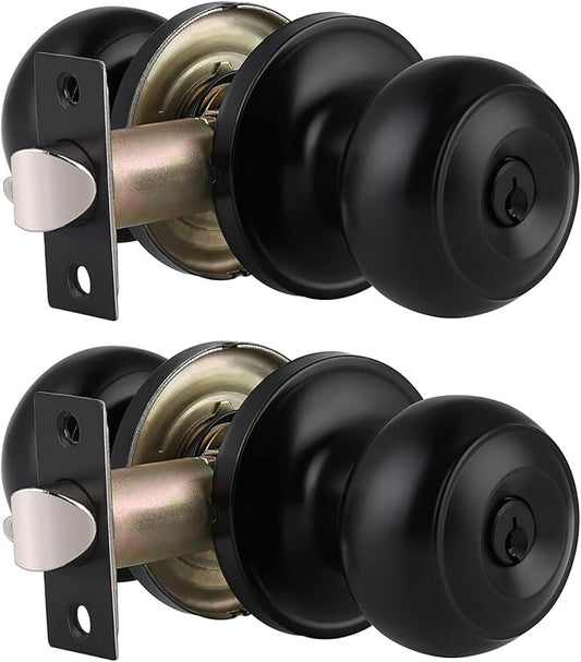 Gobrico 2 Pack Keyed-Alike Exterior Door Knobs with Key Matte Black Entry Door Knob Flat Ball Door Locksets with Same Key and Lock Front Door Knob