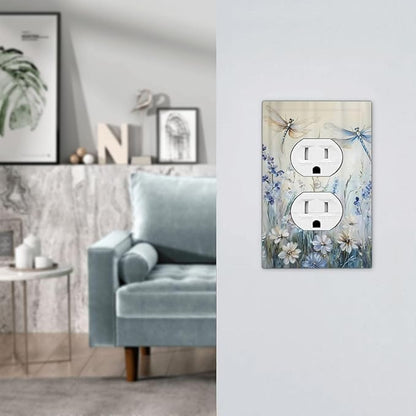 Decorative Outlet Covers Watercolor Dragonfly Blue Wihte Flower 1 Gang Duplex Light Switch Cover Plate Unique Wall Plates for Electrical Outlets Switch Plate Covers for Bedroom Home Decor