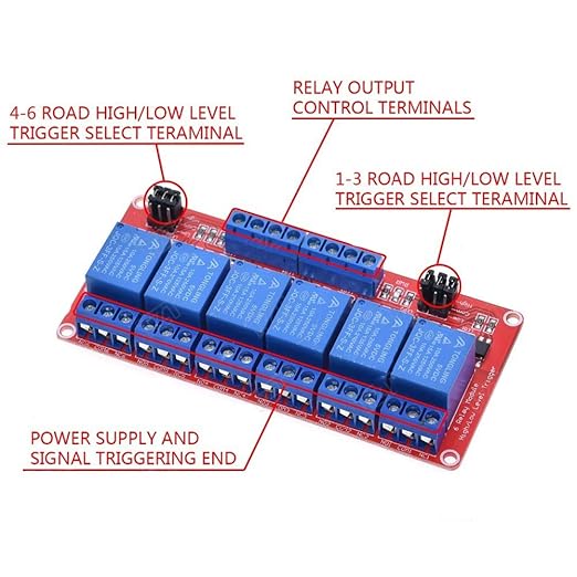Relay Module with Optocoupler High/Low Level Trigger for Arduino (5, 5V Relay 6 Channel)