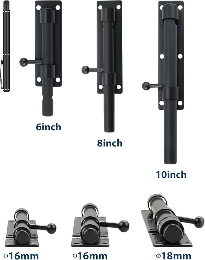 Alise 10 inch Barrel Bolt Latch,Slide Bolt Latch,Heavy Duty Solid SUS304 Stainless Steel Slide Lock for Wooden Fence,Barn Door,Interior or Outdoor Door Matte Black MS9200-B
