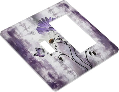 Purple Daisy White Floral Butterfly Flowers 2 Gang Combo 1 Toggle 1 Rcoker Light Switch Covers Decorative Switch Plates Electrical Switch Plates and Outlet Covers for Home Art Decor 4.5 X 4.5 IN
