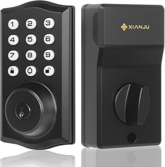 Keyless Entry Door Lock with Keypad, Auto Lock, Voice Prompt, Smart Deadbolt Lock for Front Door with Key, Matte Black – Easy Installation, IP55 Waterproof