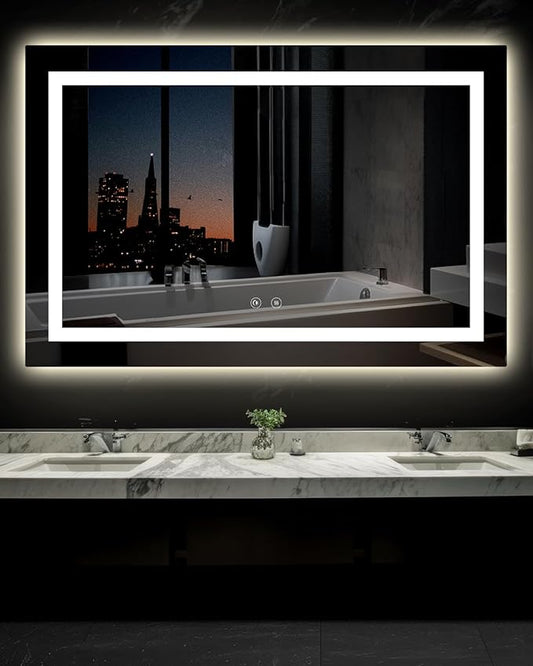 Ensenior LED Bathroom Mirror 60"x 40" with Front and Backlight, Stepless Dimmable Wall Mirrors with Anti-Fog, Shatter-Proof, Memory, 3 Colors, Modern LED Vanity Mirror- FCC