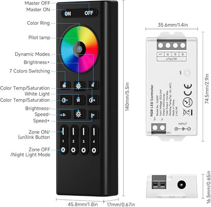 COB RGB RF 2.4GHz Wireless Remote RC03RFB & C03RF Tuya Controller Kit, 4 Zones Group Control PWM RGB (+ R G B) 4pin LED Strip Controller DC5V DC12V DC24V Max 12A