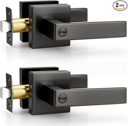 Probrico Privacy Gunmetal Black Door Handles for Bedroom Bathroom, 2 Pack Grey Interior Reversible Lever with Lock