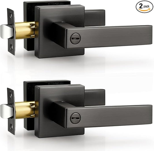 Probrico Privacy Gunmetal Black Door Handles for Bedroom Bathroom, 2 Pack Grey Interior Reversible Lever with Lock