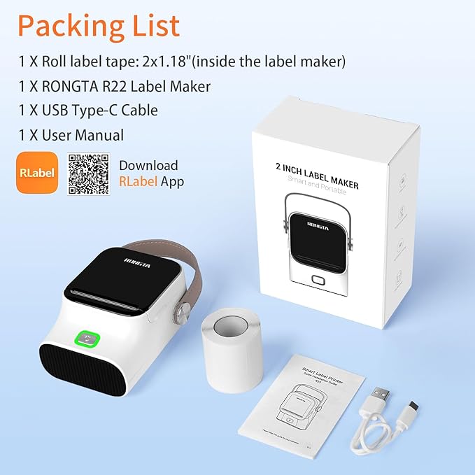 Rongta Bluetooth Label Maker Machine with Tape, Thermal Label Printer for Office, Small Business Essentials, Home Organization, Portable Inkless Sticker Label Maker with 2x1.18 inch Labels